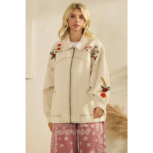 Cream Embroidered Denim Jacket