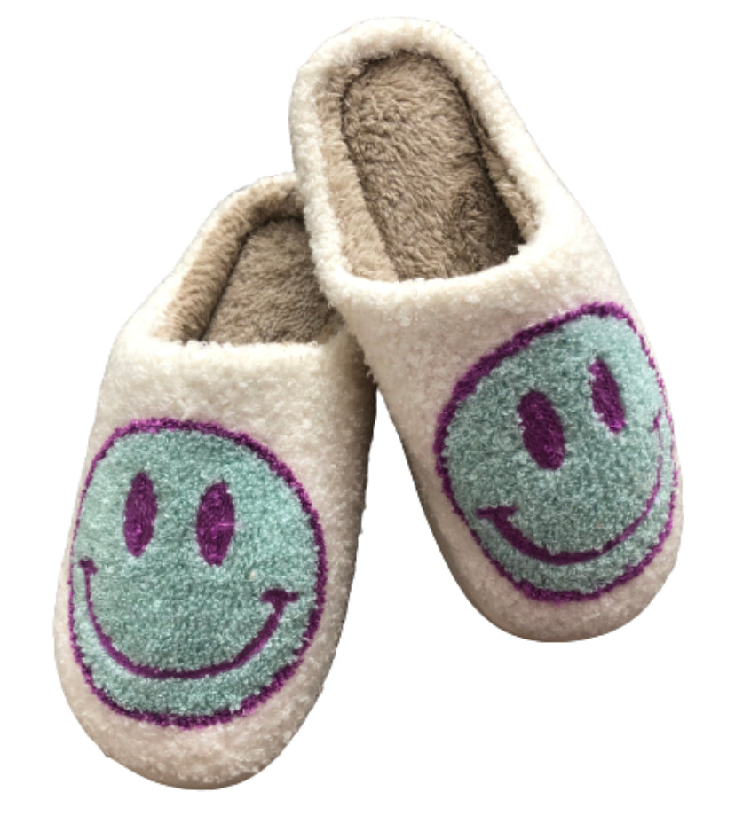 White & Teal Sherpa Smiley Face Closed Toe Slippers