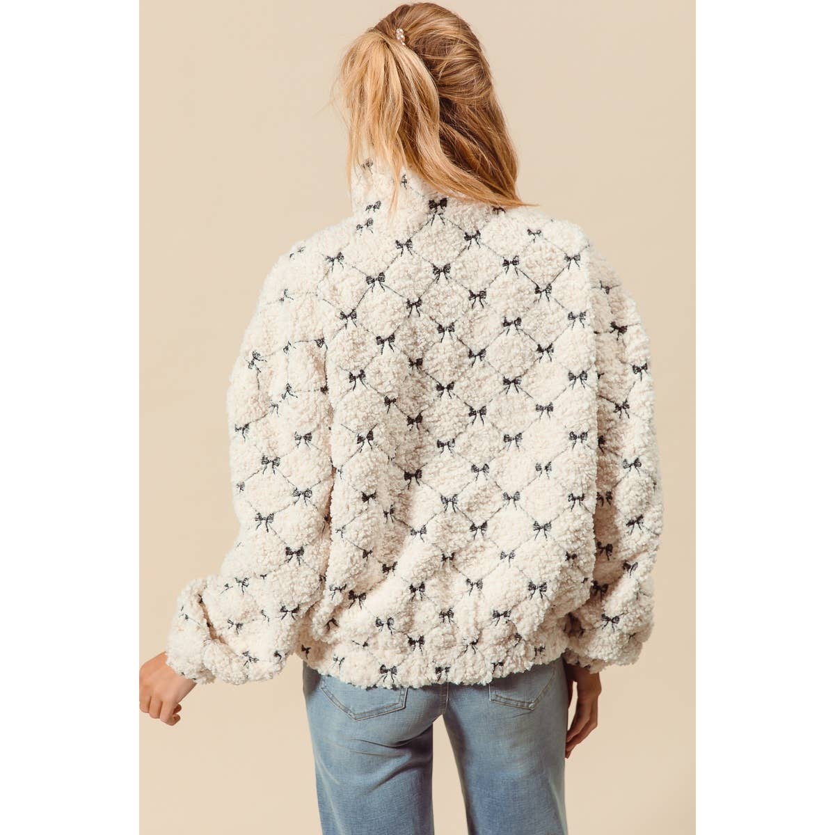 RIBBON EMBROIDERED FLEECE ZIP UP FRONT JACKET