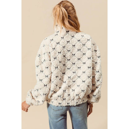 RIBBON EMBROIDERED FLEECE ZIP UP FRONT JACKET
