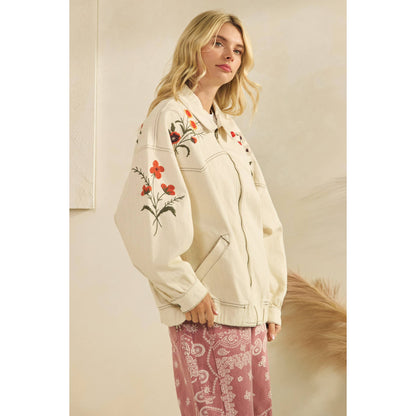 Cream Embroidered Denim Jacket