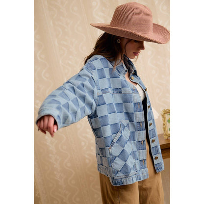 WASHED CHECKER DENIM JACKET WITH OVERSIZED POCKET