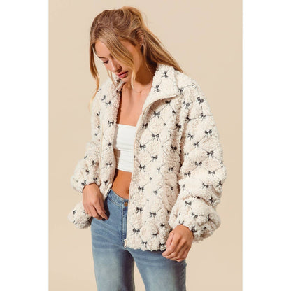 RIBBON EMBROIDERED FLEECE ZIP UP FRONT JACKET