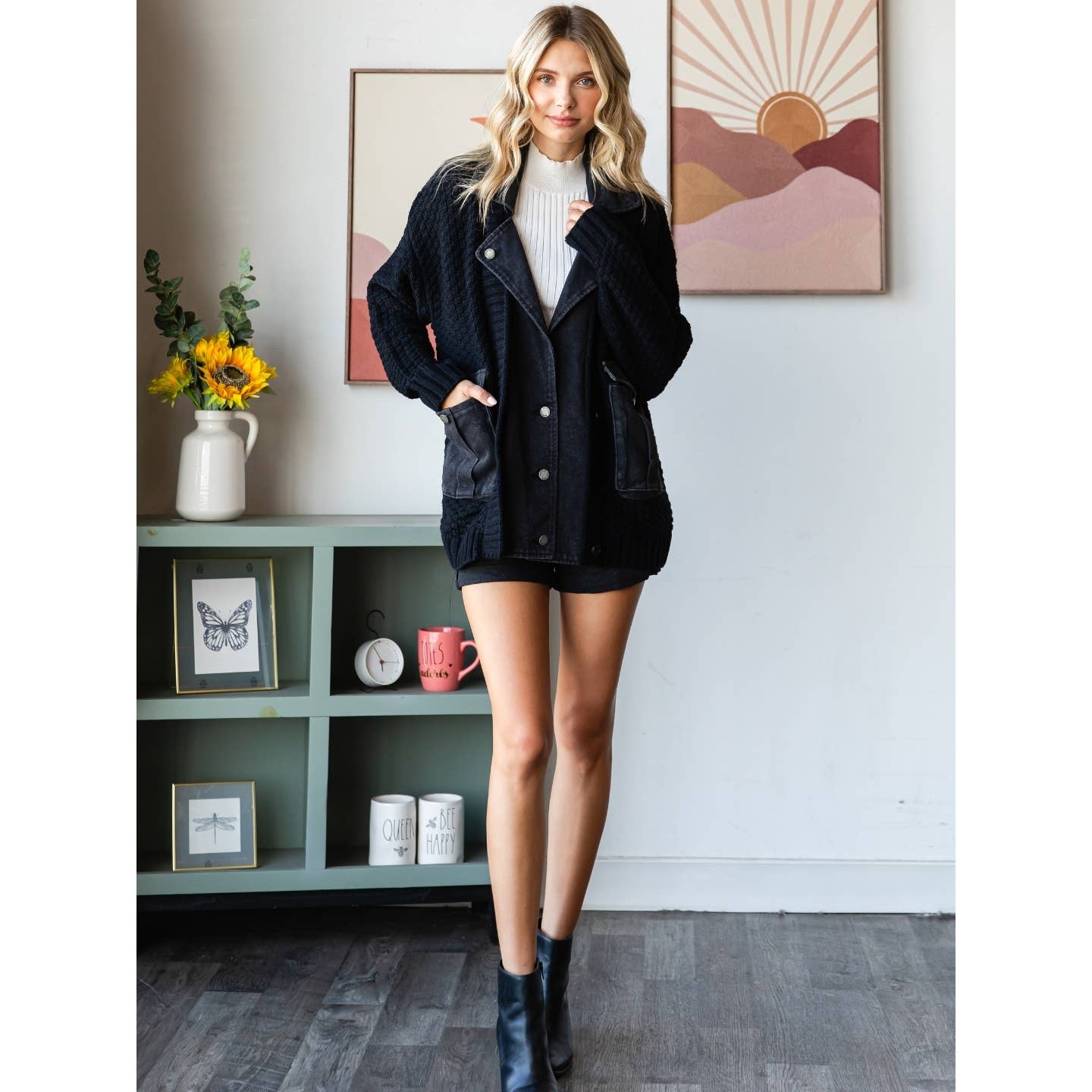 Knit Body Denim Layerd Jacket