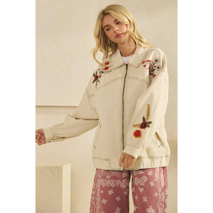 Cream Embroidered Denim Jacket