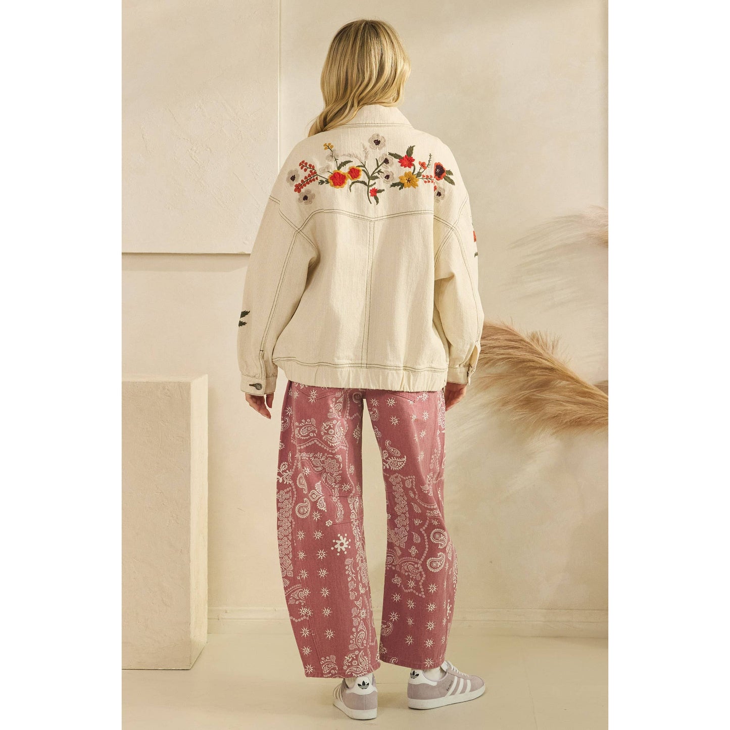 Cream Embroidered Denim Jacket