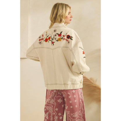 Cream Embroidered Denim Jacket