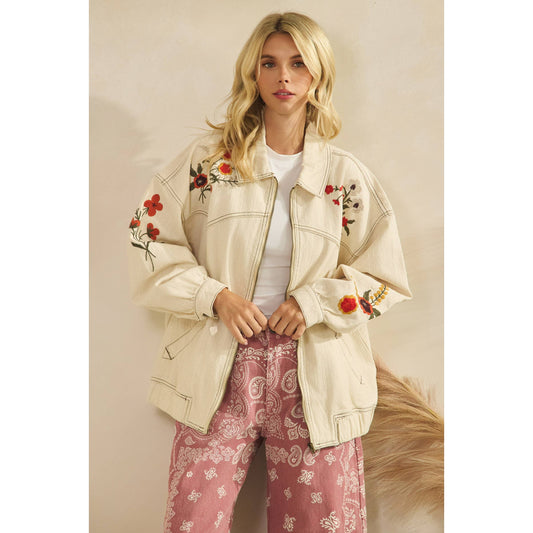 Cream Embroidered Denim Jacket