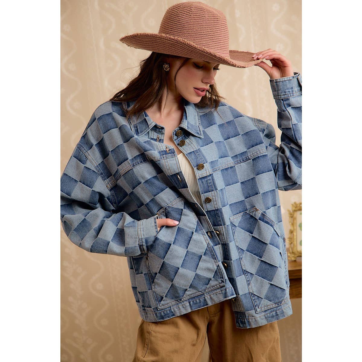WASHED CHECKER DENIM JACKET WITH OVERSIZED POCKET