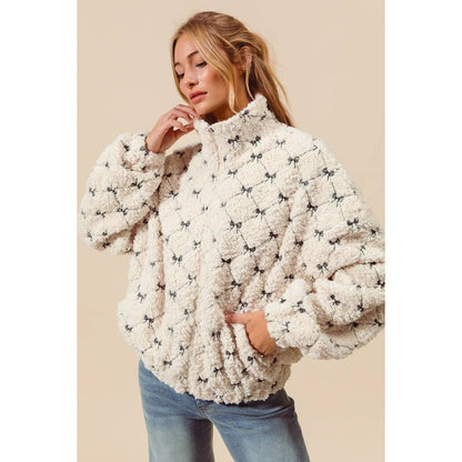 RIBBON EMBROIDERED FLEECE ZIP UP FRONT JACKET