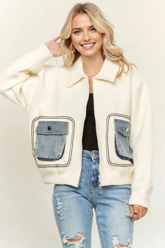 Denim Pocket Collared Zip Coat