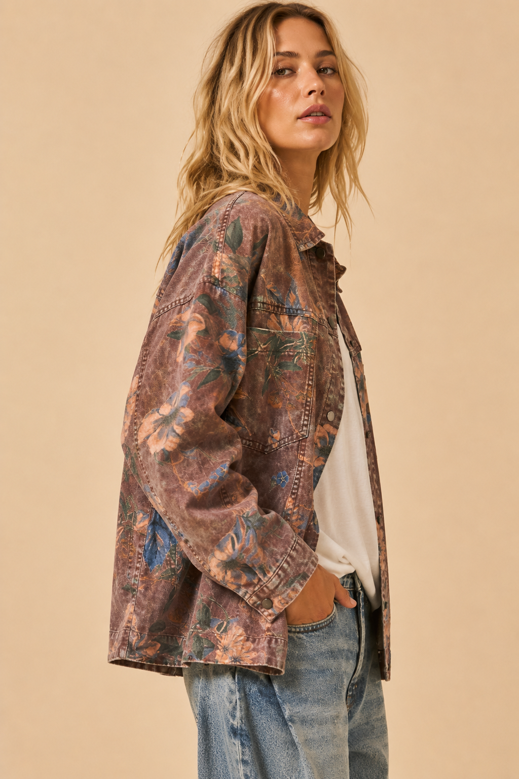 Floral Acid Wash Denim Shacket