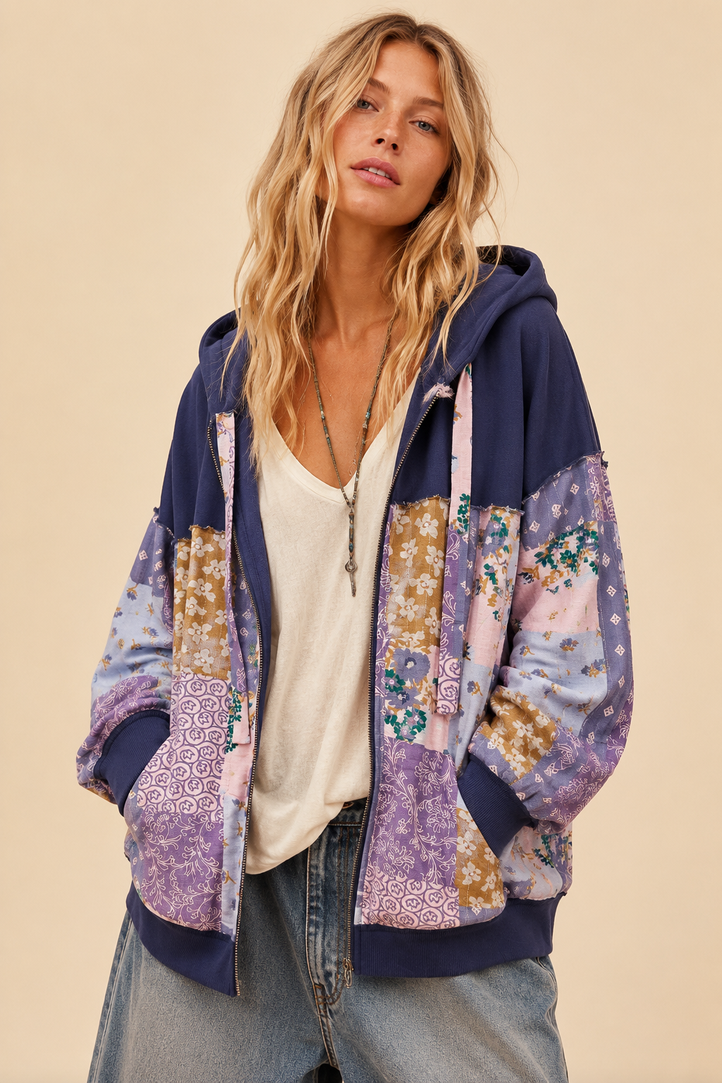 Multi Pattern Patchwork Zipper Hoodie