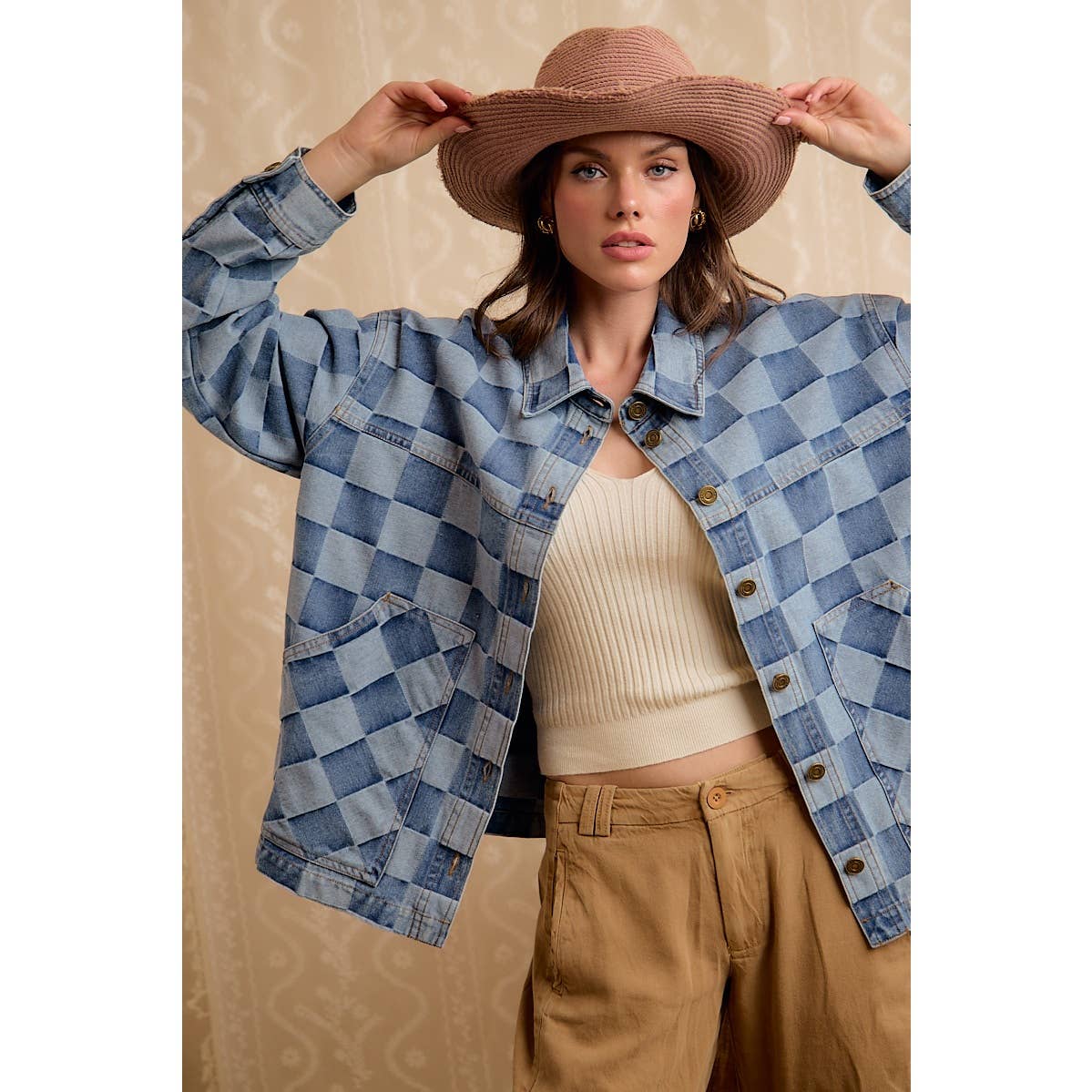 WASHED CHECKER DENIM JACKET WITH OVERSIZED POCKET