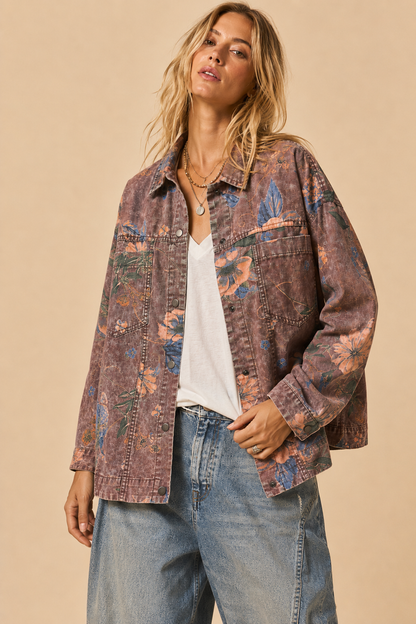 Floral Acid Wash Denim Shacket