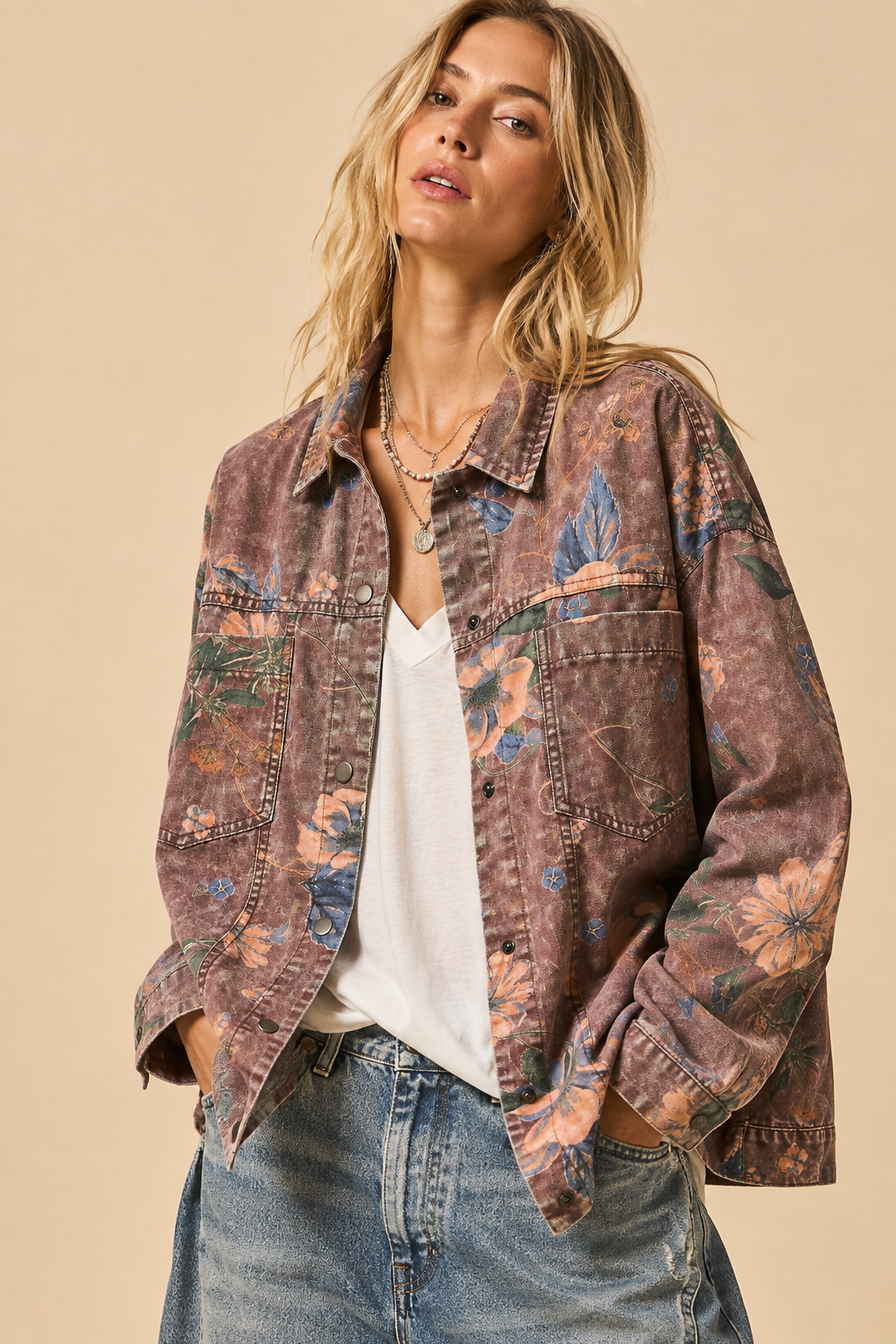 Floral Acid Wash Denim Shacket