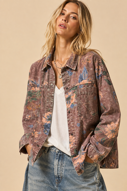 Floral Acid Wash Denim Shacket
