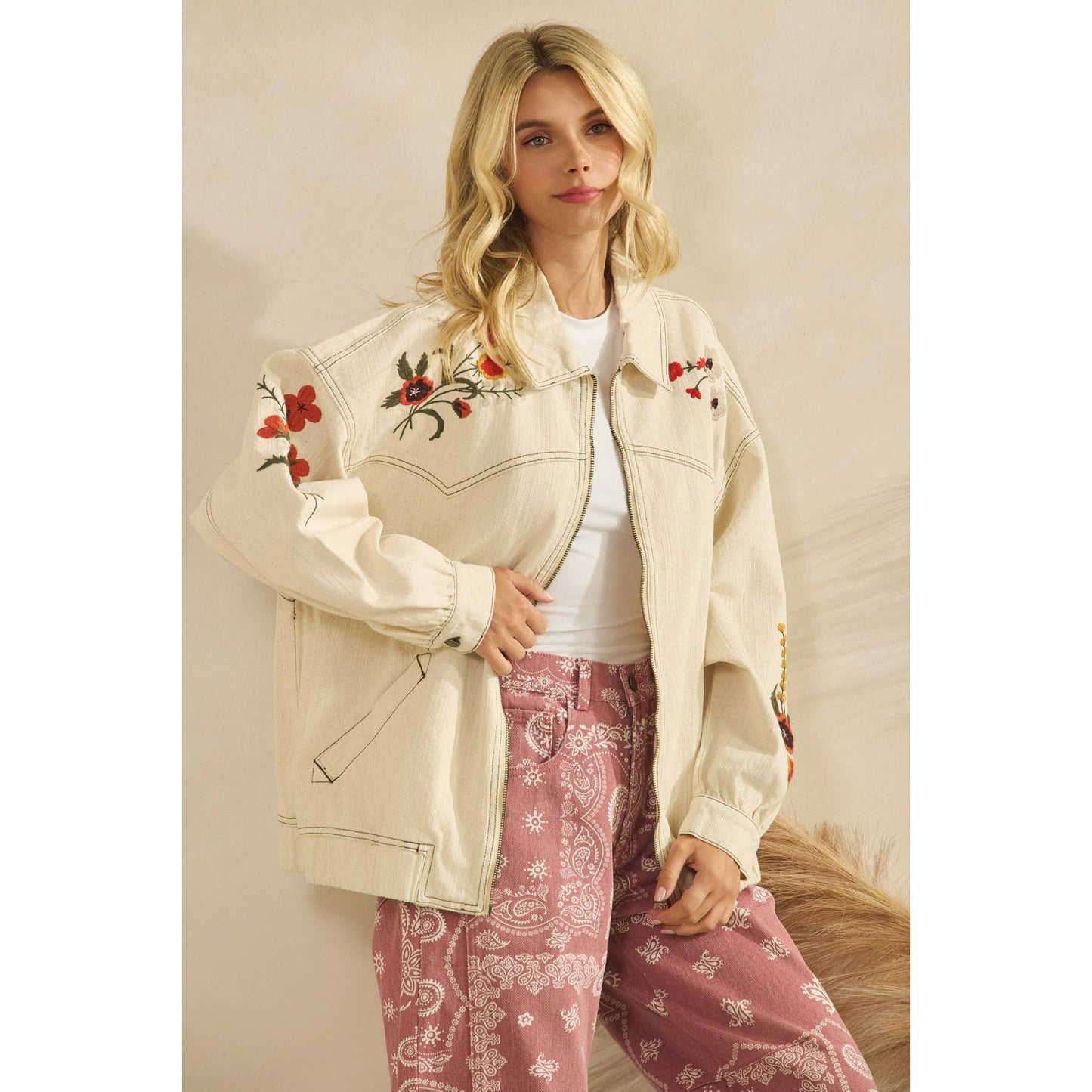Cream Embroidered Denim Jacket