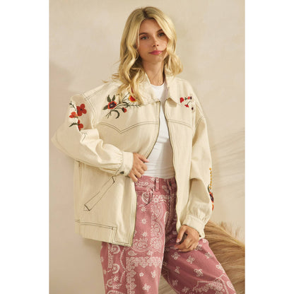 Cream Embroidered Denim Jacket