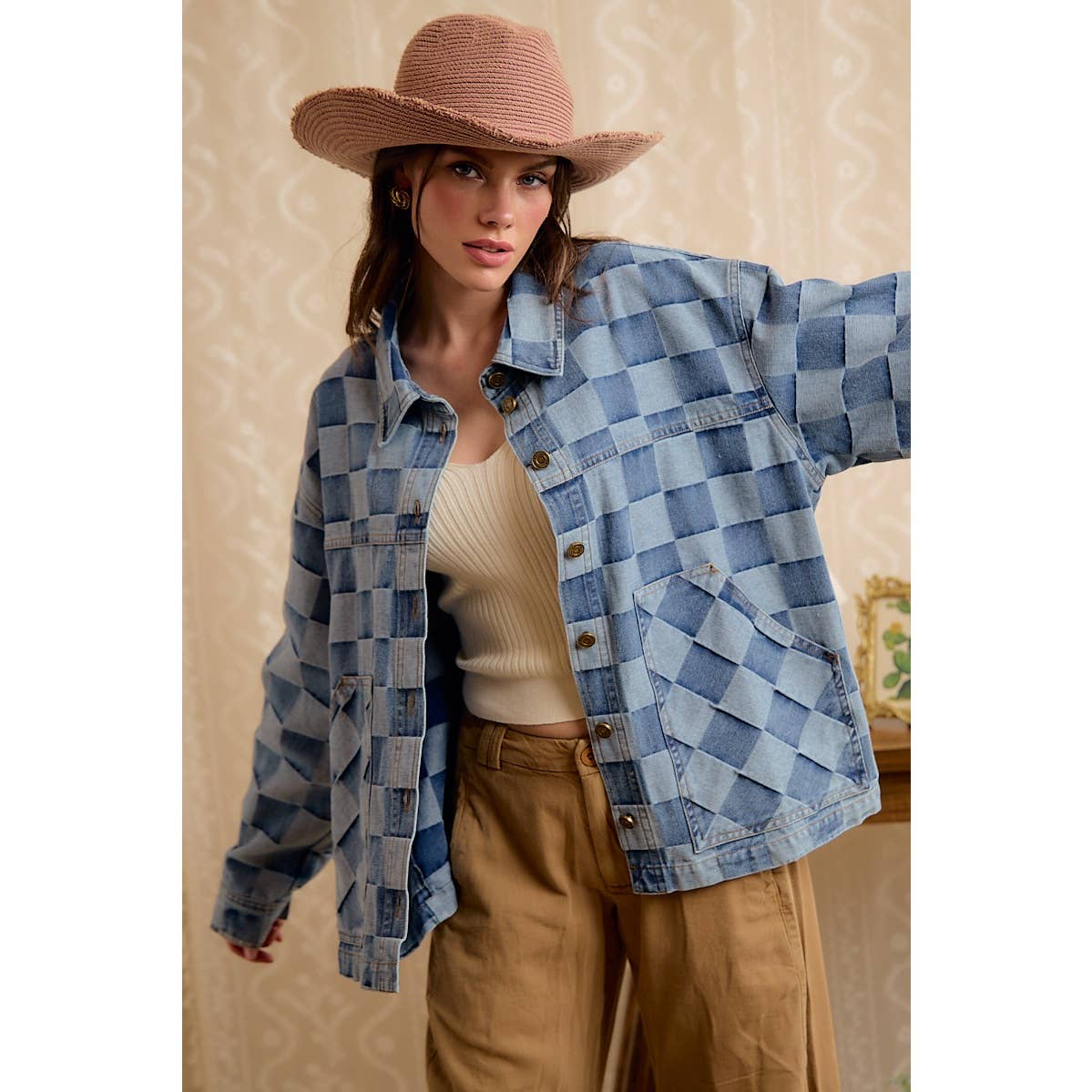 WASHED CHECKER DENIM JACKET WITH OVERSIZED POCKET