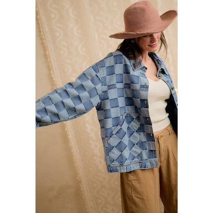 WASHED CHECKER DENIM JACKET WITH OVERSIZED POCKET