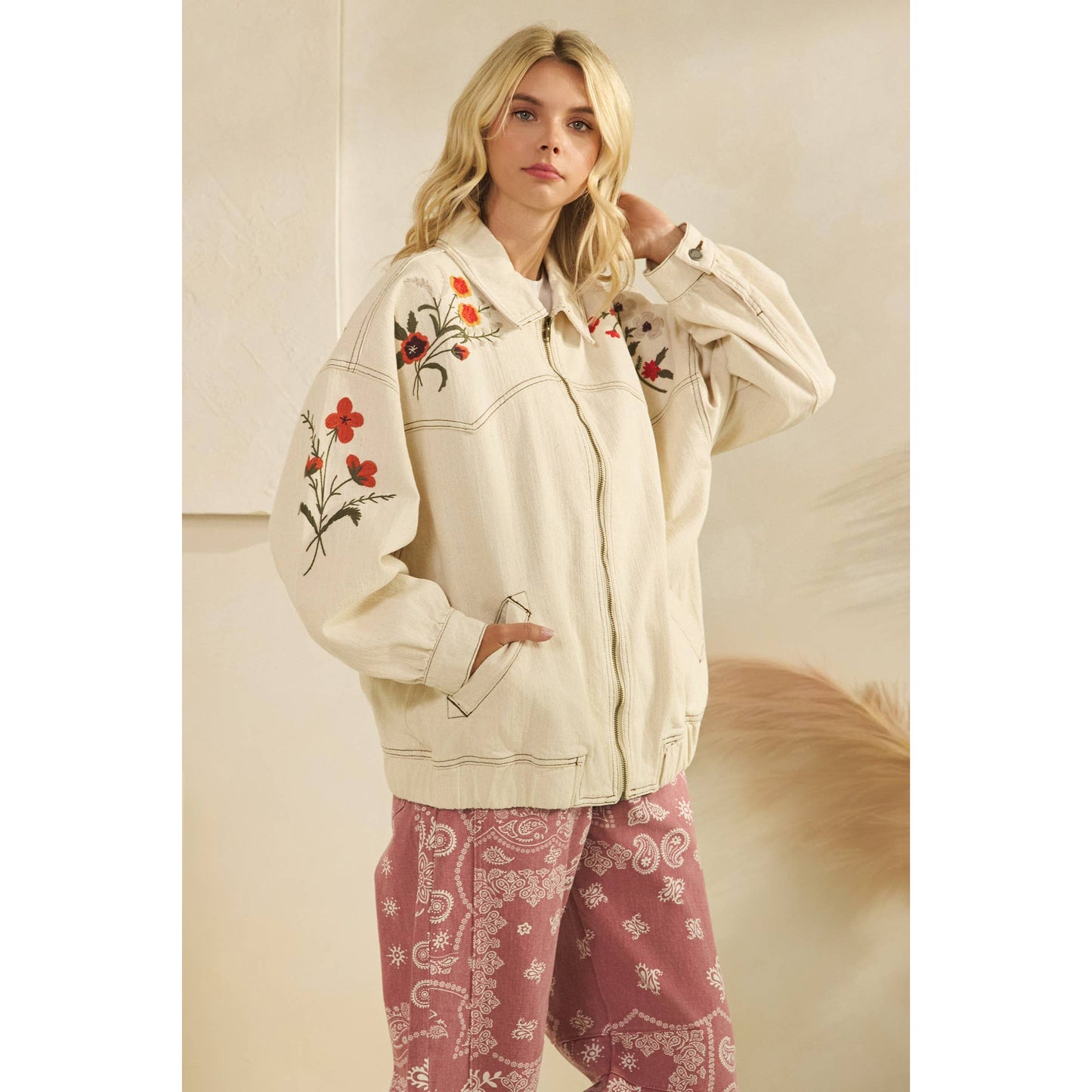 Cream Embroidered Denim Jacket