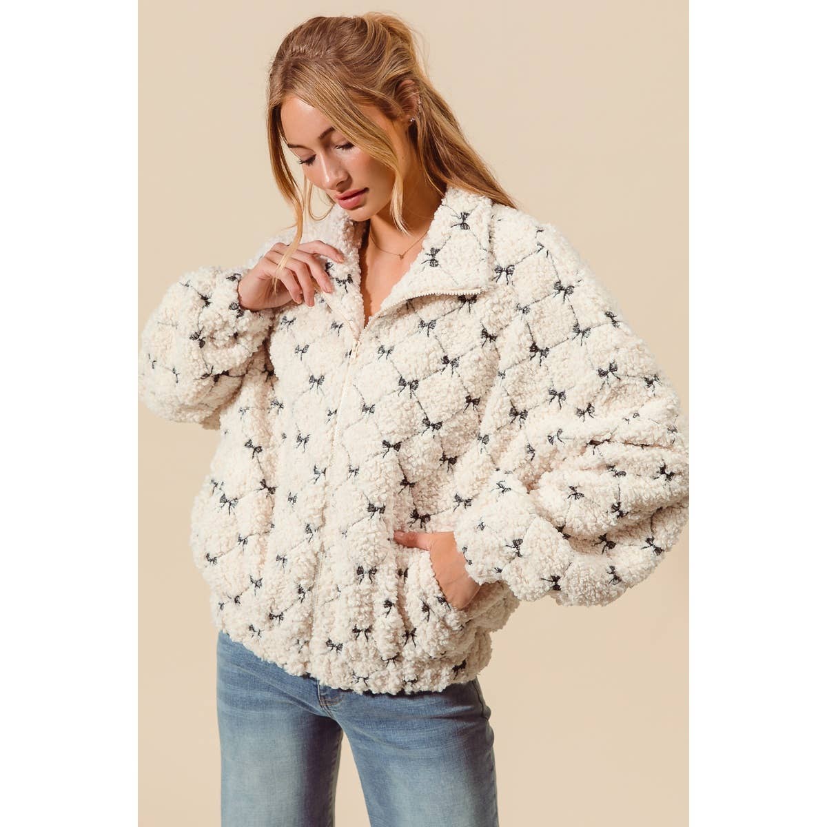 RIBBON EMBROIDERED FLEECE ZIP UP FRONT JACKET