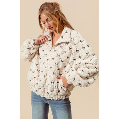 RIBBON EMBROIDERED FLEECE ZIP UP FRONT JACKET