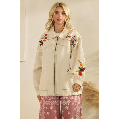 Cream Embroidered Denim Jacket