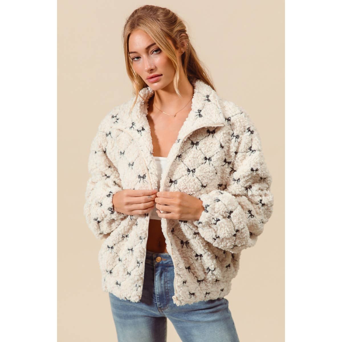 RIBBON EMBROIDERED FLEECE ZIP UP FRONT JACKET