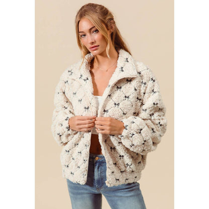 RIBBON EMBROIDERED FLEECE ZIP UP FRONT JACKET