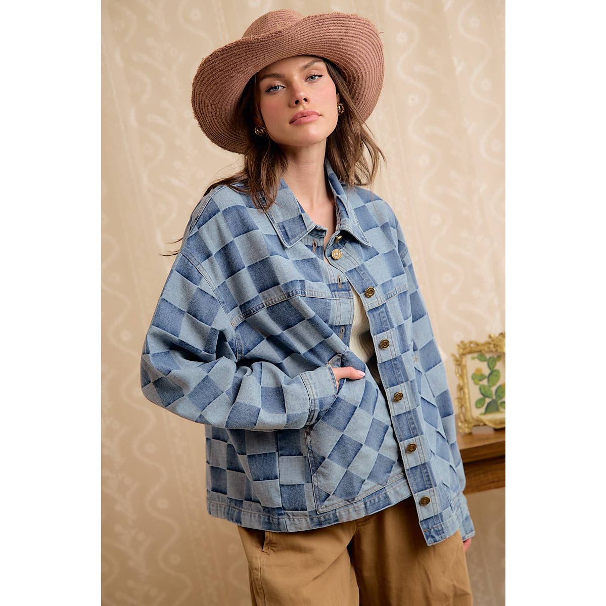 WASHED CHECKER DENIM JACKET WITH OVERSIZED POCKET