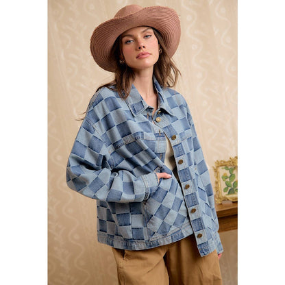 WASHED CHECKER DENIM JACKET WITH OVERSIZED POCKET