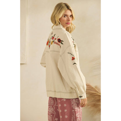 Cream Embroidered Denim Jacket