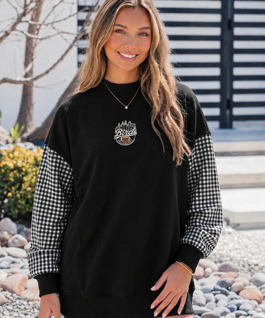 Plaid Sleeve Birds Crew Black