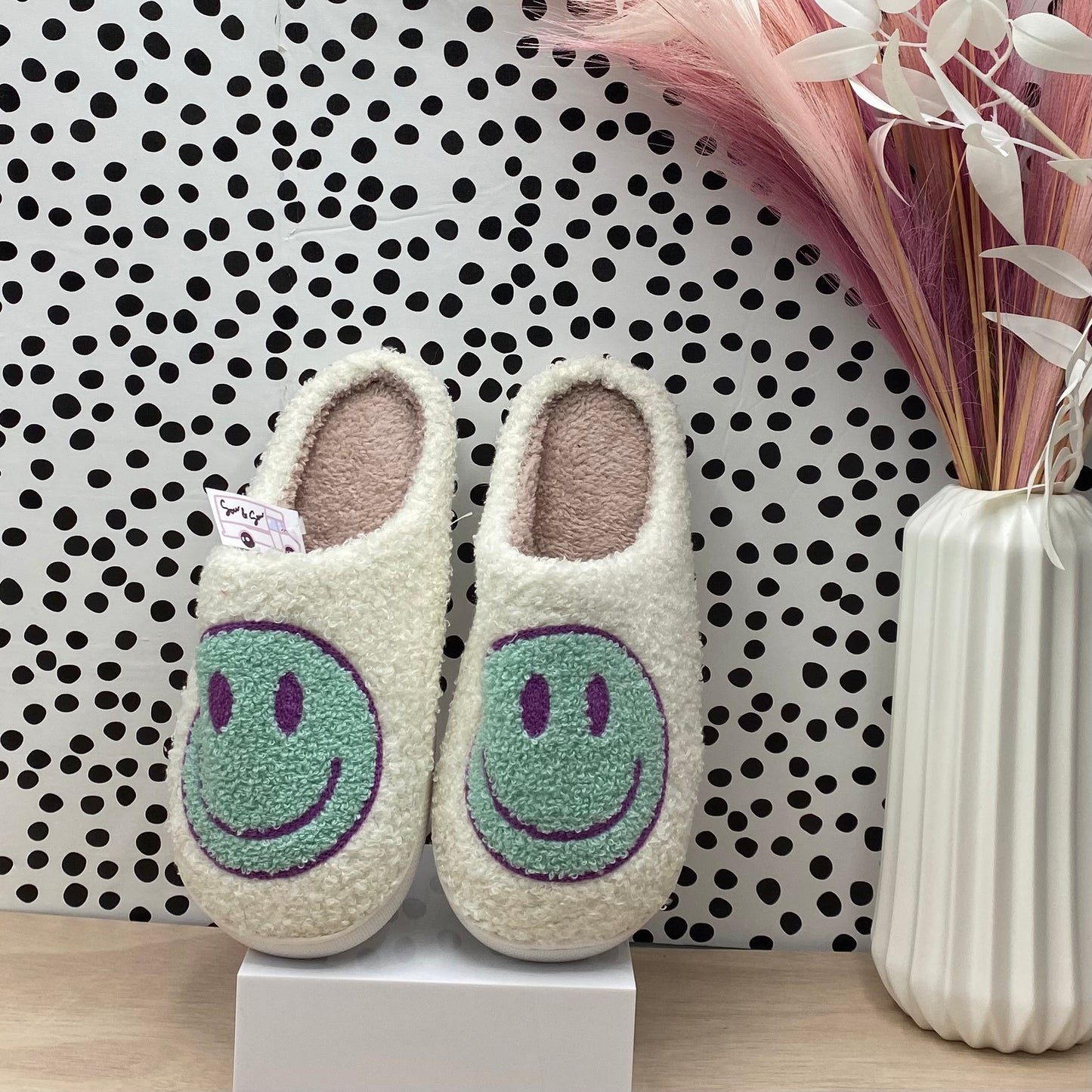 White & Teal Sherpa Smiley Face Closed Toe Slippers