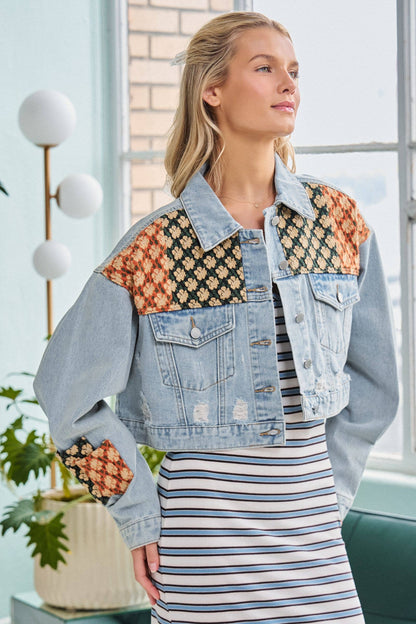 DISTRESSED FLORAL PATCHWORK CROPPED DENIM JACKET