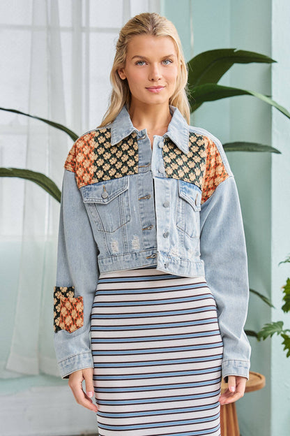 DISTRESSED FLORAL PATCHWORK CROPPED DENIM JACKET