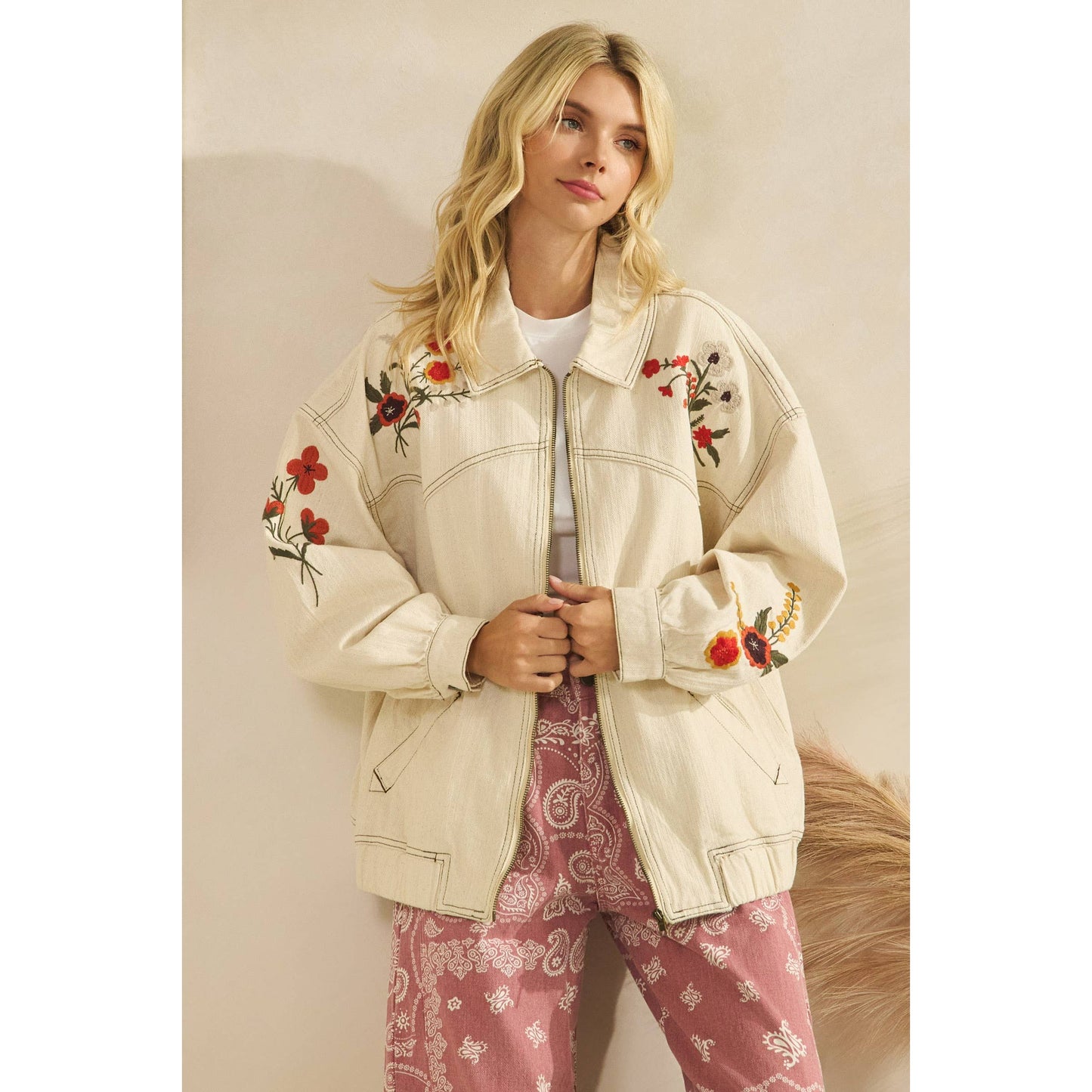 Cream Embroidered Denim Jacket