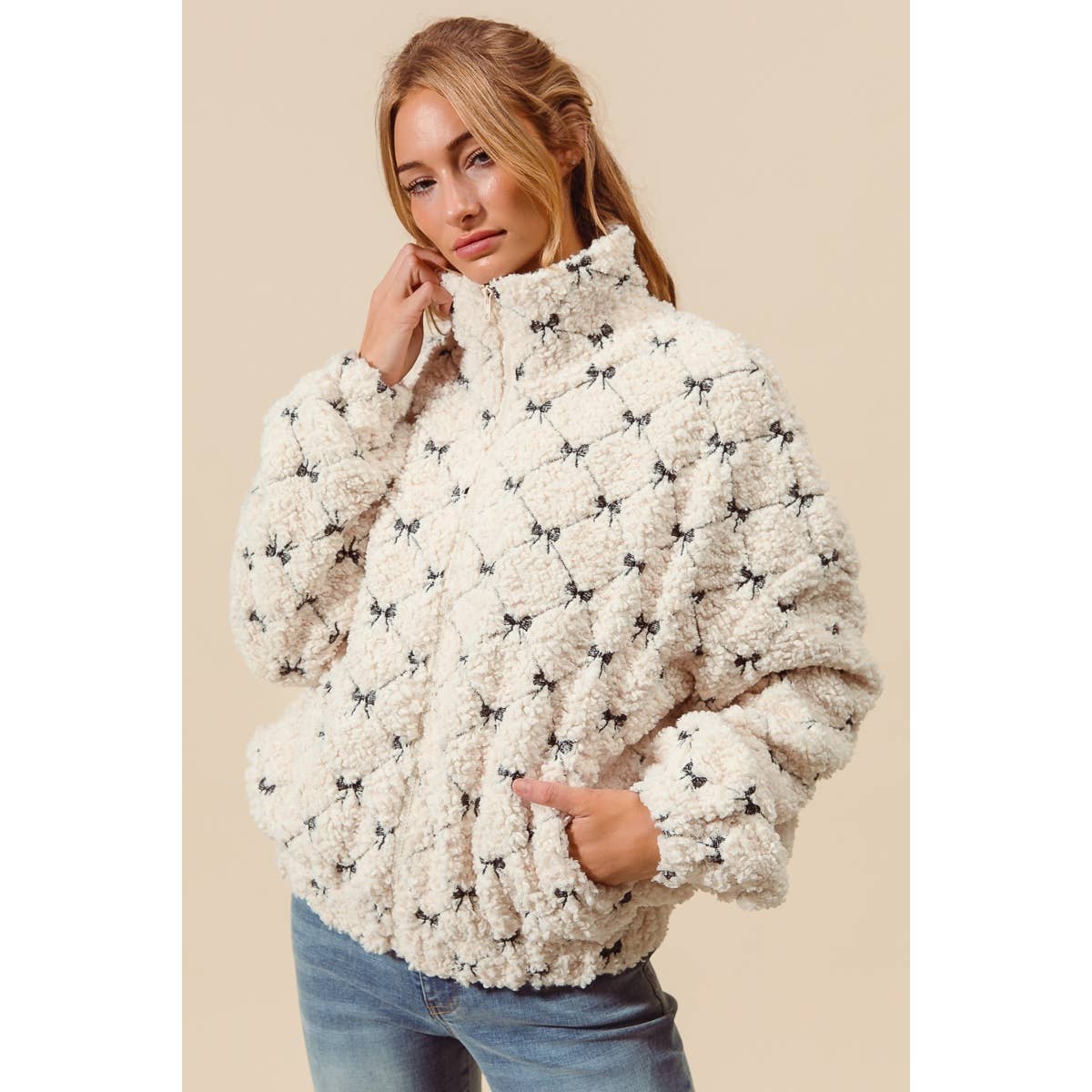 RIBBON EMBROIDERED FLEECE ZIP UP FRONT JACKET
