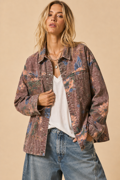 Floral Acid Wash Denim Shacket
