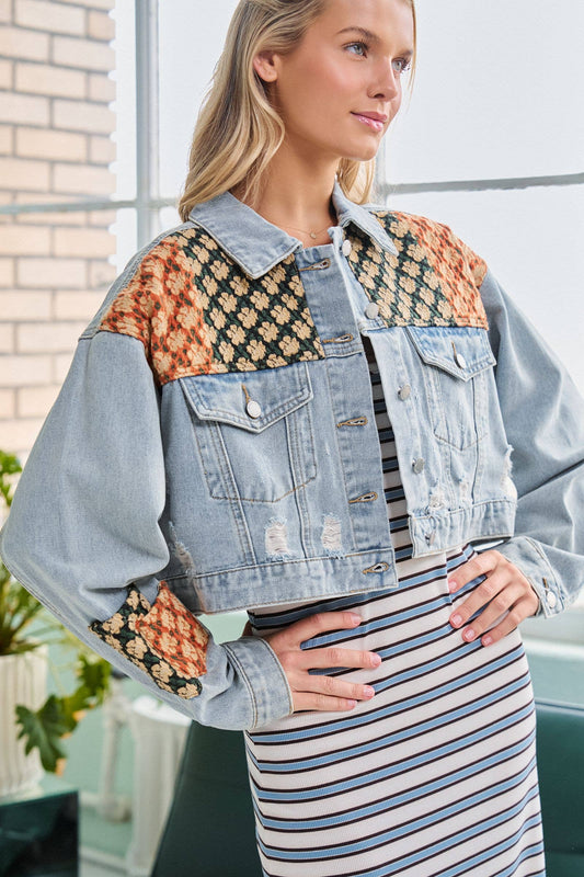 DISTRESSED FLORAL PATCHWORK CROPPED DENIM JACKET