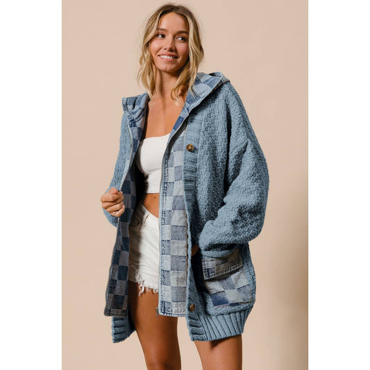 Washed Checker Denim Zip Cardi